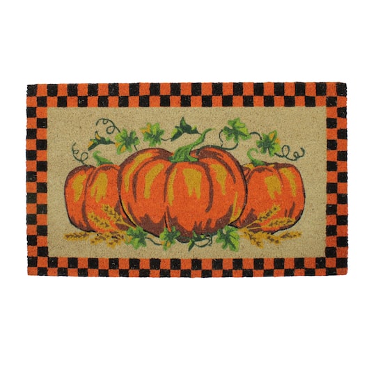 Orange &#x26; Black Checkered Fall Harvest Pumpkin Doormat